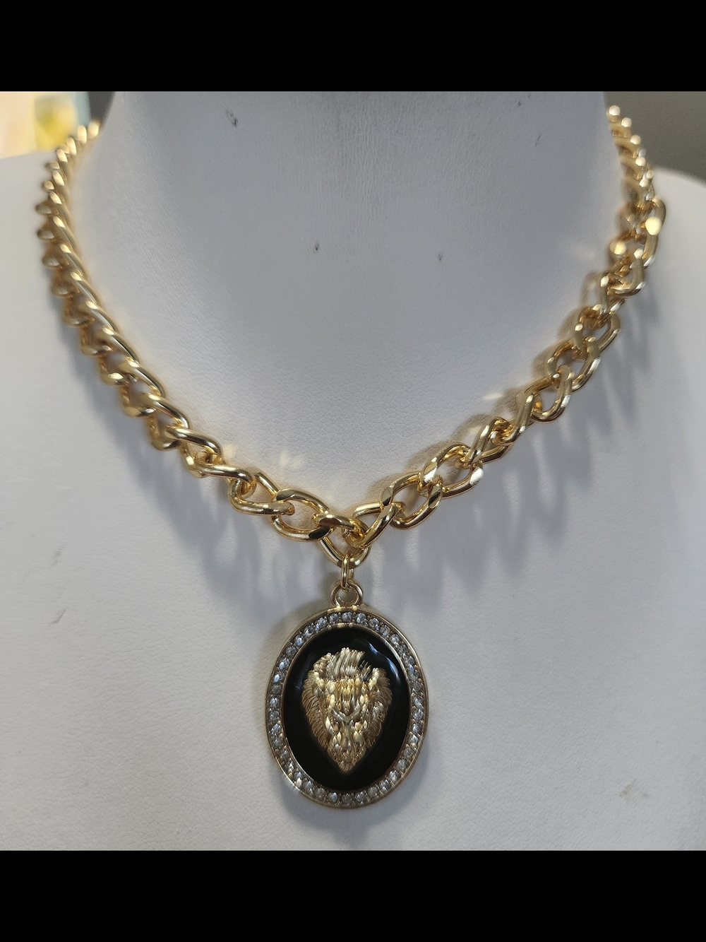 Gold Lion Head Pendant Necklace with Black Enamel